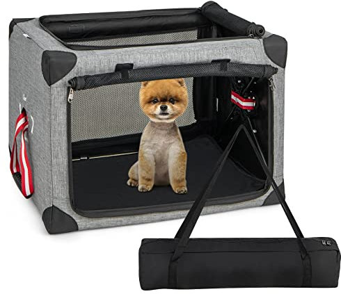 COSTWAY Hundebox faltbar klappbar, Transportbox Hunde Katzen, bis 15kg, Tragbare Hundekiste mit abnehmbarem Pad & Tasche, Katzenbox aus Oxford-Gewebe & Metallrahmen, Grau+schwarz (M-65 x 45 x 45 cm)