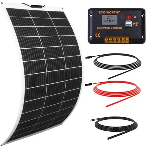 ECO-WORTHY Kit de panneau solaire flexible 130 W 12 V hors réseau : panneau solaire 130 W + écran LCD 30 A régulateur de charge PWM + câble solaire de 5 m pour caravane, camping-car, bateau, cabine,
