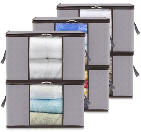 Lifewit 120L Aufbewahrungstasche Kleidung, 6 Stück, Hellgrau | Kleideraufbewahrung aufbewahrungsbox mit Deckel, Kleiderschrank Organizer mit Verstärkt Griff für Kleider Bettzeug