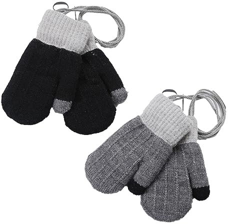 2 Paare Süße Fäustlinge Baby Kleinkind Gestrickte Handschuhe Winter Warme Handschuhe Fleece-Innenfutter Winterhandschuhe mit Schnur Skihandschuhe für Kinder Mädchen Jungen 0-3 Jahre