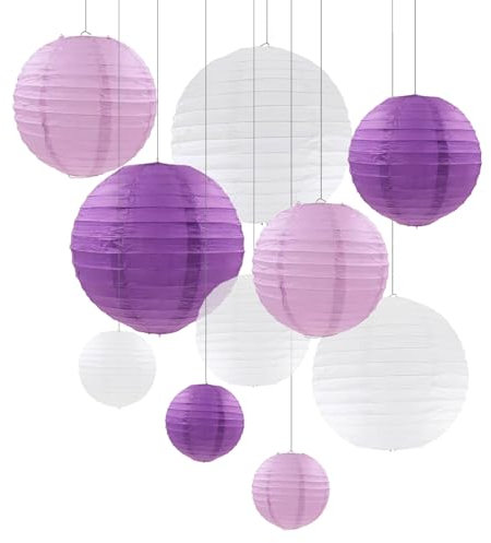 ZYOOO 10 Stück Violett Weiße Papierlaterne Lampion rund Lampenschirm (Set 3 Farben à 25cm, 20cm,15cm,10cm) Lampions Hochzeit,Deko Gartenparty,Bride to Be Deko