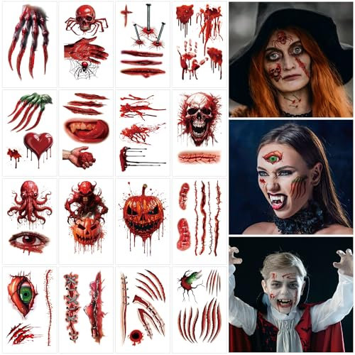 Halloween Tattoo Gesicht 16 Blätter Narben Halloween Wunden Temporäre Tattoos Scars Aufkleber, Kinder Erwachsene Face Fake Tattoos für Karneval, Halloween Horror Nächte, Cosplay Maskerade