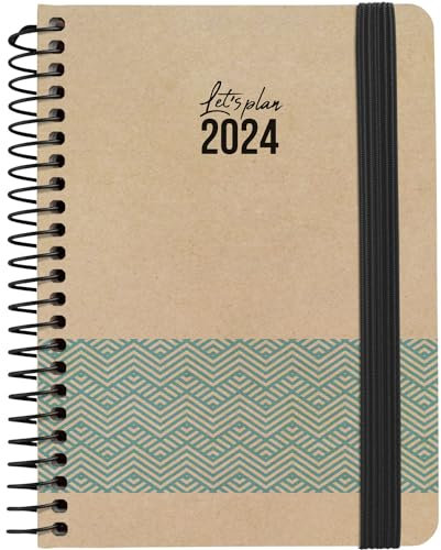 Grafoplás | Jahresplaner 2024, A6, 16,5 x 10,5 cm, Spanisch, Tageseiten, blaues Konzept, Natur, Hardcover | Einband aus Kraftpapier und 100% recyceltem Karton, elastischer Verschluss
