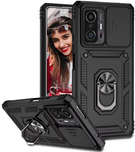 POUHYE Handyhülle für Xiaomi 11T /11T Pro Hülle, [Slide Camera] Hybrid Militärqualität Stoßfest Bumper Outdoor Handyhülle mit 360° Drehbarer Metall Ring Ständer Schutzhülle Case Schwarz