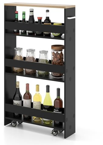 TANGZON 4-Tier Storage Trolley, Slide Out Slim Rolling Kitchen Cart with Wheels & Handle, Space-Saving Utility Shelving Unit Organizer for Living Room Bedroom Laundry Narrow Place (Black+Natural)