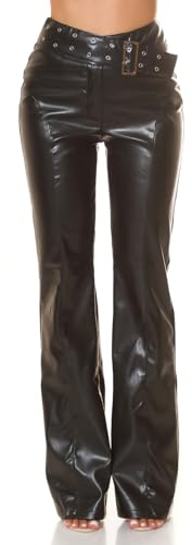 Koucla Pantalon taille haute en similicuir pour femme avec ceinture décorative et boucle, Noir , M