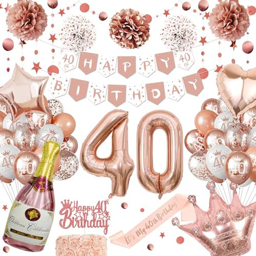 40th Birthday Decoration for Women, Unique Glitter Circle Dot Hanging, 40th Rose Gold Balloons, Paper Pom Poms, 40th Birthday Banner, Rose Gold Birthday Decorations, Number 40 Balloons for Party