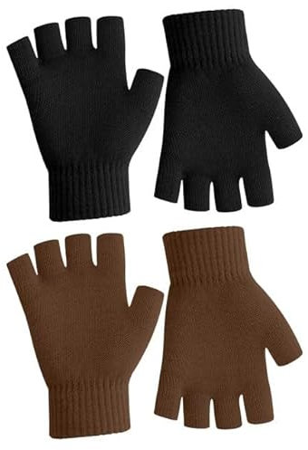 Fingerlose Handschuhe Damen Herren - Winter Thermo Warme Strickhandschuhe Zum Arbeiten - 2 Paar Schwarz Braun