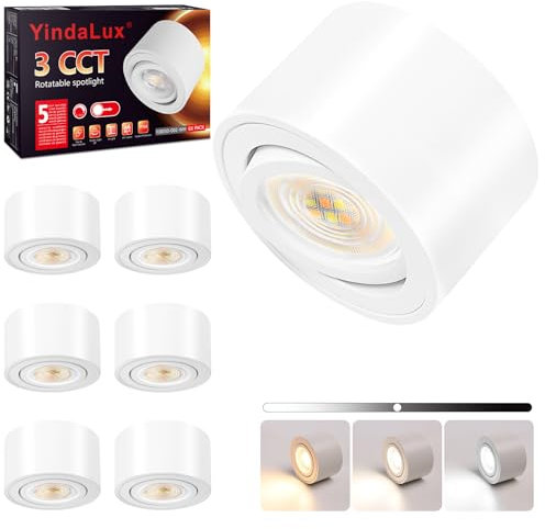 YindaLux 6x 3CCT Spots de Plafond Blanc, Extra Plat & Pivotant à 30°, Ø80x50mm Spot plafonnier en Aluminium, 5W 500LM Spot en Saillie Orientable, Dimmable Module LED 230V Inclus