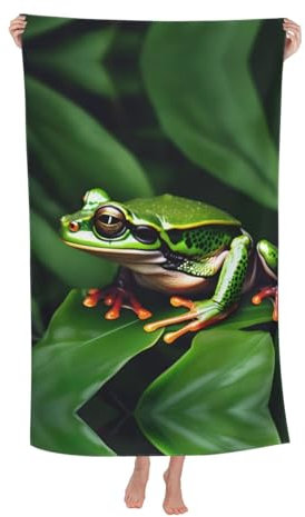 BREAUX Badetuch mit Tiermotiv, Frosch, grüne Blätter, saugfähiges Mikrofaser-Badetuch, Strandtuch für Erwachsene, schnell trocknendes Badetuch