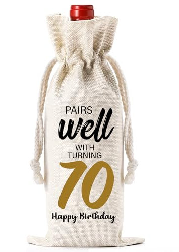 Soireeparty 70th Wine Gift Bag - Burlap Drawstring Bottle Bag for Women Men, Birthday Gifts for Grandpa Grandma Auntie Mum Dad