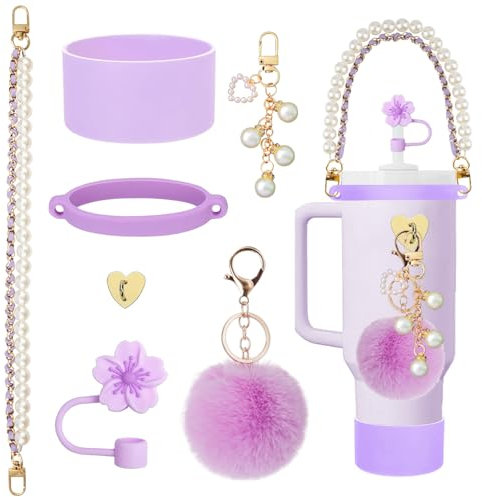 Stanley Cup Accessories Set 7 Pezzi Stanley Cup Accessories Include Coperchio Cannuccia, Manicotto Tazza, Cinghie Maniglia Bottiglia d'acqua, Accessori Ciondolo, Tazza Non Inclusa (Viola)