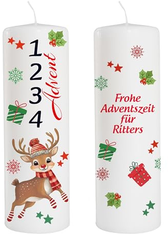 Kerze Adventskerze individuell mit Name und Spruch als Tischdeko. Tischdekoration Adventskerze als Geschenk. Liebevolle Kerze Rentier Rudolph 1 2 3 4 Brenndauer: 55 Stunden, Ø7,8 x Höhe 25 cm
