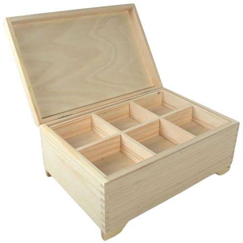 WooDeeDoo Wooden Chest with 6 Compartments Tray | 30 x 20 x 13 cm | Jewellery Earrings Memory Keepsake Trinket Organiser Storage Box | 6 Sections Removable Divider | Unpainted Wood for Craft