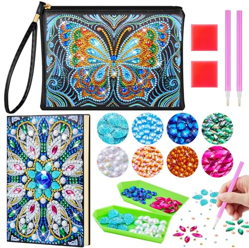 Enbagold Diamond Painting Kinder Kosmetiktasche & A5 Notizbuch, Bastelset Kinder ab 6 Jahre, Basteln Mädchen 8-12 Jahre, Geschenk Mädchen 6 7 8 9 10 11 12 Jahre -Blauer Schmetterling + Pfauenfeder