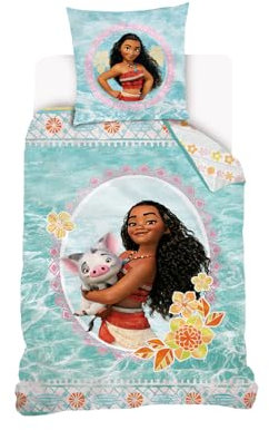 Disney - Housse de couette Vaiana et Pua le cochon 140x200 cm - 100% Coton - Bleu