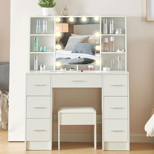Aovquof Dressing Table with Mirror and Stool, 140x100x40cm Vanity Table with Adjustable LED Lights, Makeup Desk with 7 Drawers, Modern Vanity Desk (Silver Handle)