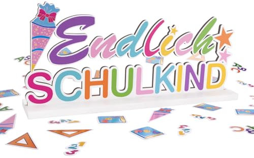 YANSYUN Einschulung Deko Mädchen Junge Tischdeko Einschulung Endlich Schulkind Holzschriftzug mit Basis und 100 Stück Konfetti Schulanfang Deko für Schuleinführung