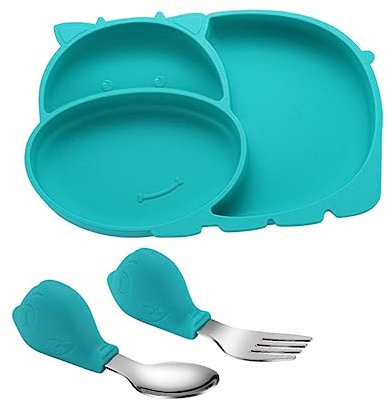 KOCKSHION 1Ensemble Assiette Silicone Pour Compartiments Set Alimentation Complet Avec Fourchette Et Cuillère Vaisselle Antidérapante Facile à Nettoyer Couleur Verte