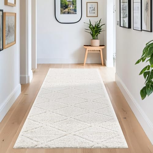 carpet city Teppich Wohnzimmer Hochflor Creme - Läufer 80x300 cm - Hochtief Karo-Muster, 3D-Effekt - Bettvorleger Schlafzimmer Teppiche Boho, Skandi