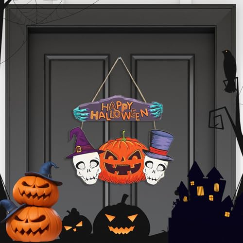 Zephyra Cartel de Halloween de Madera 30x25CM – Decoración Feliz Halloween, Diseño Calabaza, Cartel Colgante para Puerta, Pared y Porche – Decoración Otoñal para Casa, Jardín, Fiesta