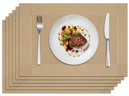 Privalace PVC Rechteckige Platzsets Gold 45x30cm Vinyl Gewebte 6er Set | Tischsets Abwaschbar Abwischbar Platzdeckchen Rutschfest Abriebfeste Hitzebeständig für Häuser Küche Speisetisch Feier