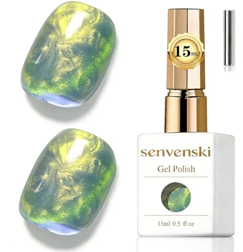 Senvenski Jelly Glass Cat Eye Gel Nail Polish with Magnet 15ML Magnetic 3D Galaxy Holographic Glitter Translucent Sheer Color Gel Polish Salon Home DIY (Aurora Mermaid Green, MY1-041)