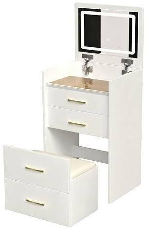 HAINEW 3-in-1 Schminktisch Frisiertisch mit Spiegel und Hocker, Kosmetiktisch Make-up Tisch Toilettentisch mit 3 Schubladen und Glasplatte, Platzsparend, Weiß, B60/H136/T36cm, HNDE25112005