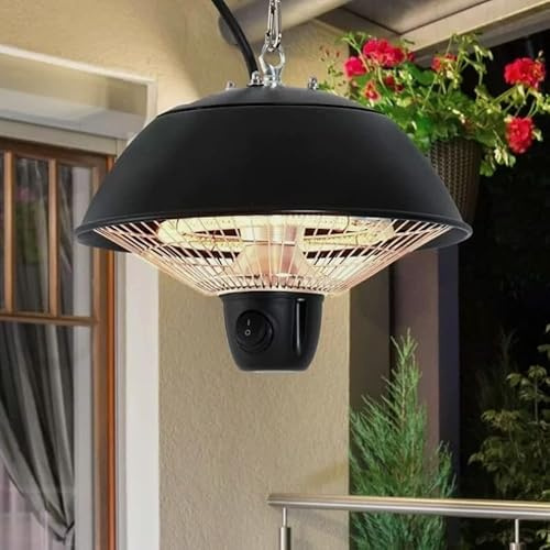 DWD® 600W Electric Compact 10 Inch Patio Heater Ceiling Hanging Carbon Fibre Halogen Light with Adjustable Hook Chain Black Aluminum Frame Matt Black 30% more efficient than others, Gazebo, Balcony