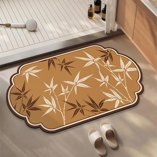 Tapis Salle De Bain 50X80Cm Feuilles De Bambou Blanc Ultra Absorbant Tapis De Bain en Diatomite,Antidérapant Séchage Rapide Doux,pour Porte D'Entrée,Chevet,Canapé, Salon