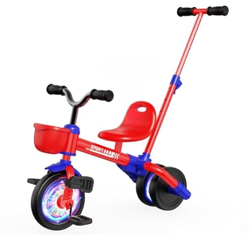HappyGoLucky 5 in 1 Dreirad Mit Schubstange, Laufrad Ab 1-5 Jahre-Leuchtende Räder/Verstellbare Pedale&sitze, Spielzeug Geschenk Ab 1-5 Jahre Junge Ostern Kinderspielzeug Outdoor Spiele Spielzeug
