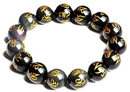 EQQHJL Schwarzes Obsidian-Reichtumsarmband, Obsidian-Armband, Sechs Worte, Schwarzes Vintage-Armband, Schwarzer Obsidian, Achat-Transferperlen, Kristall, Abwehr böser Geister, Achat(Obsidian,10mm)