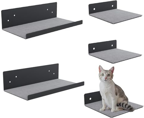 QLS Katzen Kletterwand Set 5-teilig mit Filz Wandmontage Stahl Schwarz | 2 Liegen 27 x 50 cm und 3 Regale 20 x 20 cm aus pulverbeschichtetem Stahl inklusive Filz und Montagematerial bis 10 kg