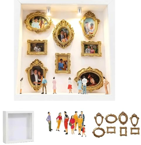 DIY Mini Museum Bilderrahmen mit LED Licht, Silhouettenbox Set(B) | mit 8 Mini Goldrahmen & Figuren, 3D Erinnerungsdisplay für Hochzeit, Jubiläum, Geburtstag, Wohnzimmer Deko (Weiß)