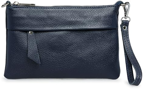Caspar Elegante Echtleder Clutch Damen Umhängetasche Handtaschetasche mit Handschlaufe & verstellbarem Schultergurt - CLASSIC LINE - Modell No.845 - Made in Italy, Farbe:dunkelblau