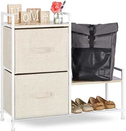 Relaxdays Regalsystem, 2 Stoff-Schubladen, universale Schubladenbox, Metall und Holz, HxBxT: 76 x 84 x 29 cm, beige, Design G