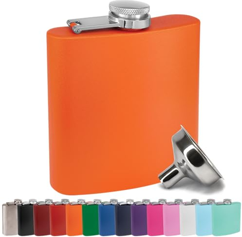 Clear Water Home Goods - 6 oz Powder Coated Stainless Steel Hip Flask - Wedding Party - Groomsman - Bridesmaid (Matte Orange, 1)