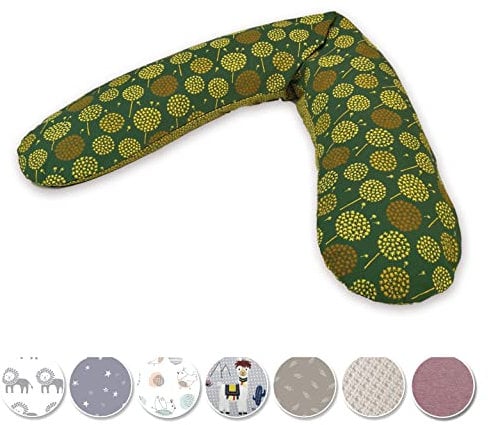 Theraline Das Original Schwangerschaftskissen & Stillkissen 190cm – Seitenschläferkissen Stillkissen Perlen – inkl Stillkissenbezug Pusteblume Dunkelgrün