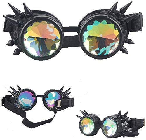 DODOING Kaleidoskop Brille Steampunk Rave Brille Brille Kristall Regenbogen Kaleidoskop Rave Brille Regenbogen Kristall Glas Linse, Schwarz (Spitze), Einheitsgröße