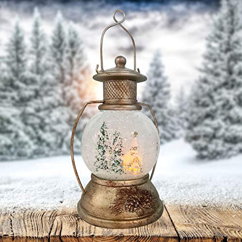 Wichtelstube-Kollektion XL LED Schneekugel Weihnachten Laterne viele Melodien Glitzerkugel Winterwald Vintage Weihnachtslaterne Weihnachtsdeko beleuchtet Batteriebetrieben