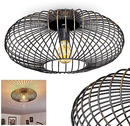 HOFSTEIN Deckenleuchte Wemude, Deckenlampe aus Metall mit Spannendem Lichteffekt, Schwarz-Gold, 1-flammig, E27-Fassung, Lichteffekt durch Gitter-Optik, Wohnzimmer, Schlafzimmer Lampe