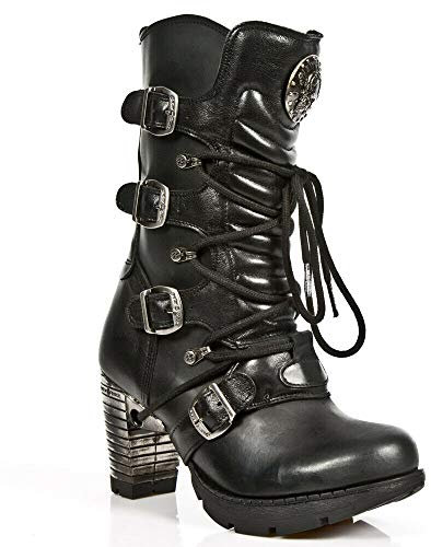 New Rock TR003-S1 Stivaletti da Donna in Pelle Nera Metallizzata con Tacco Stile Motociclista Punk Gotico 37