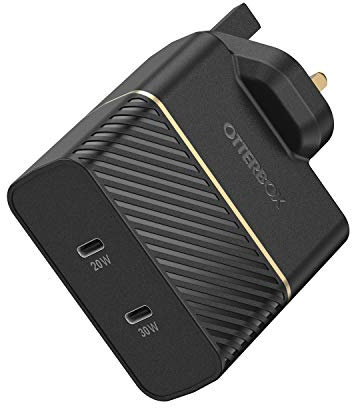 Otterbox UK Cargador de Pared de Dos Puertos 50W, USB-C PD 30W GAN + USB-C PD 20W, Cargador de Carga rápida para Smartphones y Tablets, Resistente a caídas, Ultra Duradero, Negro