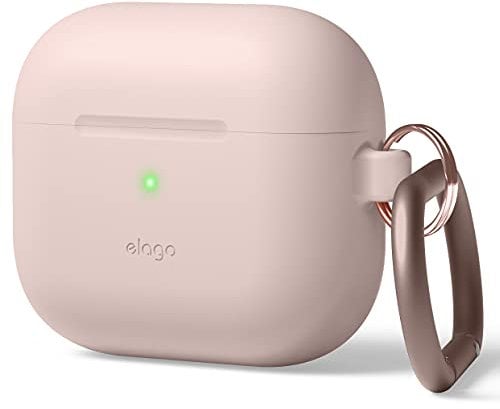 elago Silikon Hülle mit Karabiner Kompatibel mit AirPods 3 Case Cover - Hochwertiges Silikon, Unterstützt Kabelloses Laden, Stoßfester Schutz, Rundumschutz (Sandrosa)