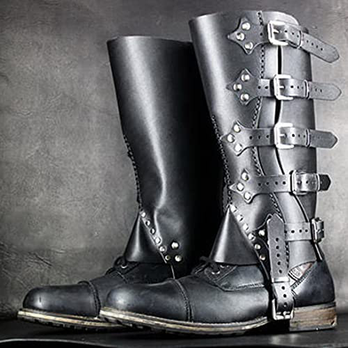 Mittelalterliche Wikinger Ritter Gamaschen Leder Bein Rüstung Verstellbare Beinschienen Stiefel Schuhe Abdeckung Für Männer Frauen LARP Renaissance Cosplay Kostüm,Schwarz