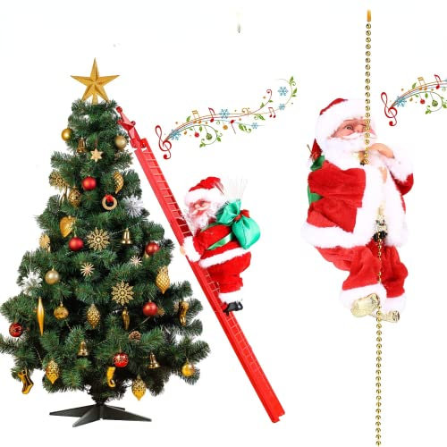 Orvila 2 paquetes de 22,8 cm, cuerda de escalada eléctrica para colgar de Papá Noel y escalera con música para decoración de árbol de Navidad, muñeca de peluche de Navidad sube y baja para decoración