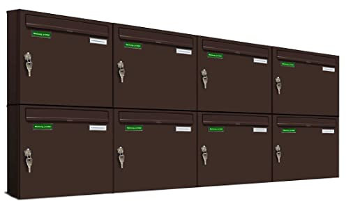 AL Briefkastensysteme Basic 8er Briefkasten RAL 8017 Schokoladen Braun 8 Fach DIN A4 wetterfest Briefkastenanlage mit Posthaltebügel und 2 Namensschildern