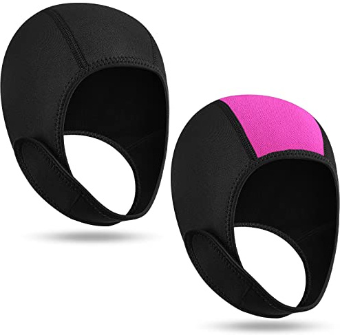 Jecery 2 Pcs Neoprene Diving Hood Thermal Wetsuit Hood Cap Swim Caps with Chin Straps Snorkeling Neoprene Surf Beanie 2.5 mm Diving Headgear for Men Women Sailing Water Sports(Black, Black Rose Red)