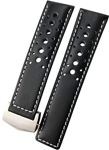 COEPMG Uhrenarmband aus Kalbsleder, 21/22 mm, geeignet für TAG Heuer Monaco Carrera Aquaracer 300, schwarz-rotes F1-Rindsleder-Armband (Farbe: Schwarz-Weiß-Silber, Größe: 22 mm)