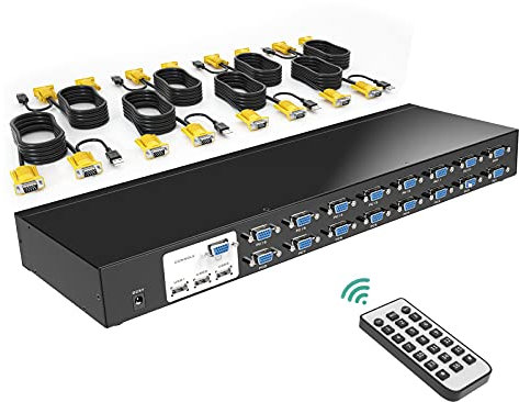 MT-VIKI VGA KVM Switch 16 Port USB VGA KVM Umschalter 16 Port für 1HE Rackmount inklusive 16* KVM-Kabel IR-Fernbedienung 2* Rackmount